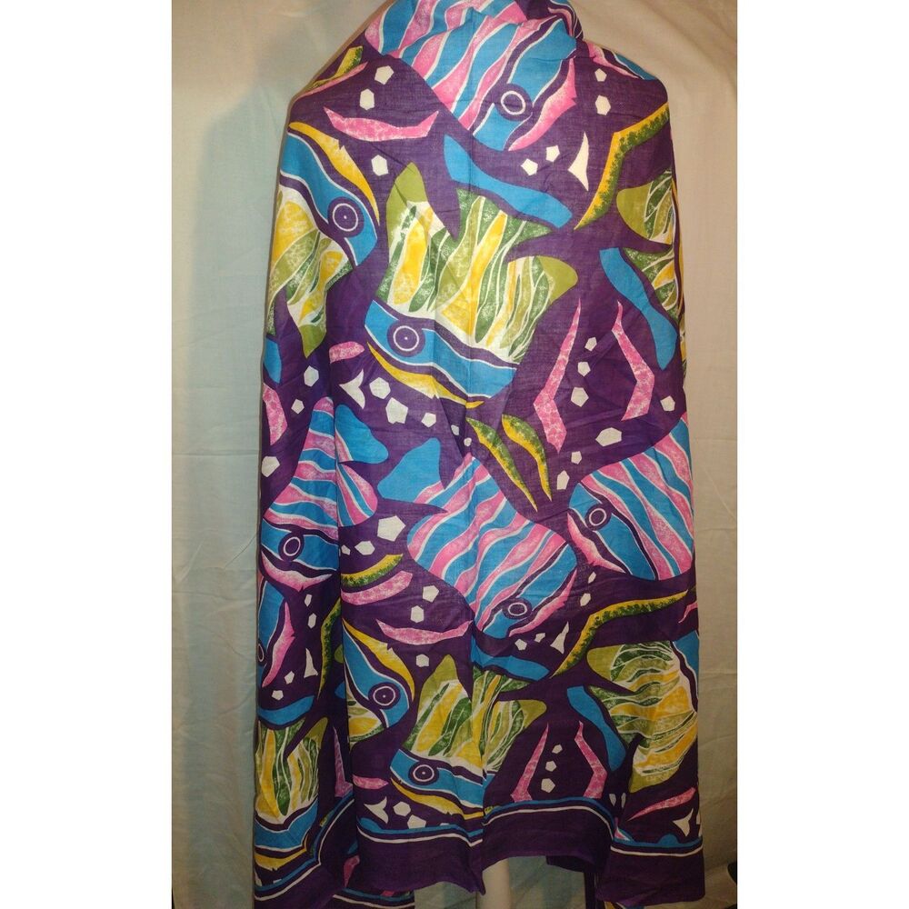 Boho Tropical Fish Print Sarong / Beach Cover-Up - Purple & Multi-Color Cotton - Picture 3 of 5